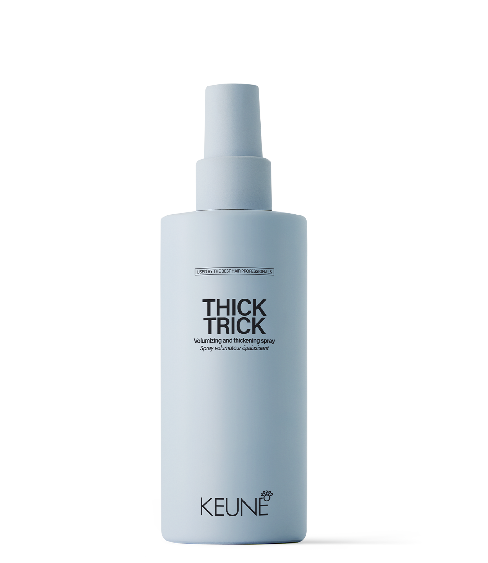 Plump and protect your hair with Keune Thick Trick Volumizing and Thickening Spray, offering heat protection up to 230°C.